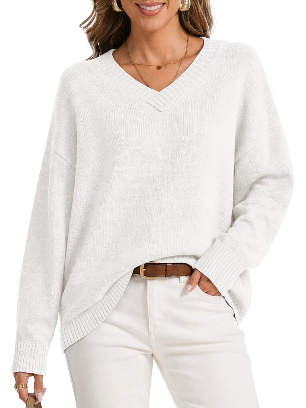 Women's White Lightweight Long Sleeve Oversized Cashmere Blend V Neck Sweaters